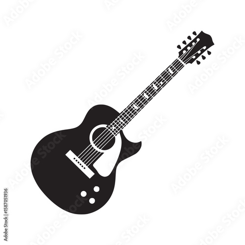A black and white graphic illustration of an acoustic guitar on a white background isolated view