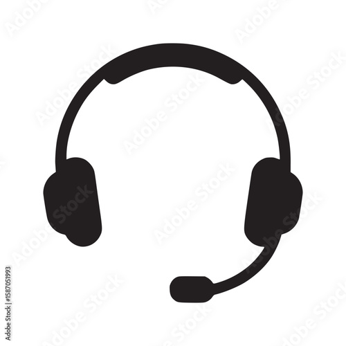 A simple black and white illustration of a headset with microphone on a white background icon design