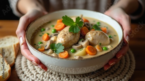 Woman's hands holding A Bowl of Chicken Stew.