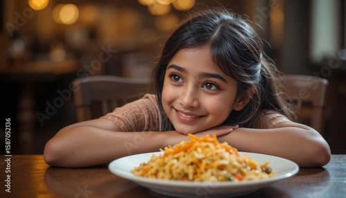 A Kid Happily Leans Across a Table Looking at The Biryani.