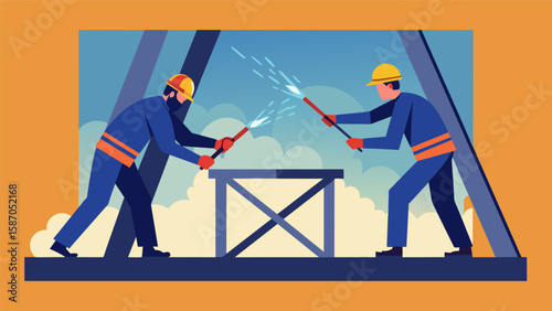 Battling against the windy conditions at such heights steelworkers use powerful blowtorches to melt together two steel beams creating a permanent. Vector illustration