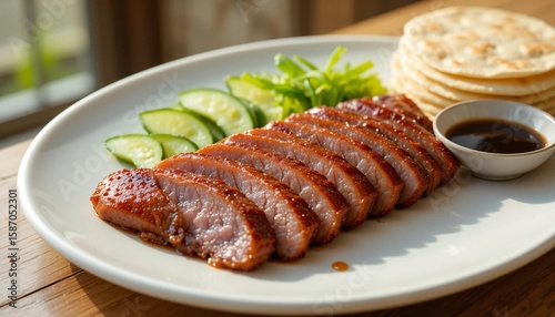 Beijing duck slices with Cucumber and Sauce.