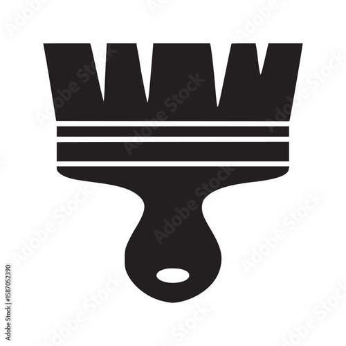Isolated black and white graphic illustration of a paintbrush with a handle and bristles design