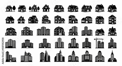 Diverse Black and White House and Building Vector Illustration Collection