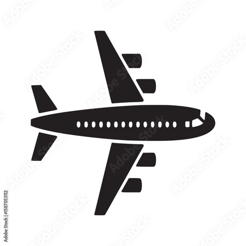 A black airplane icon with wings and engines shown on a white background in a simple flat design