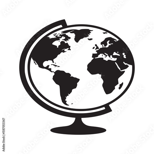 Illustrated globe showing continents in black on a stand against a light gray background plain design
