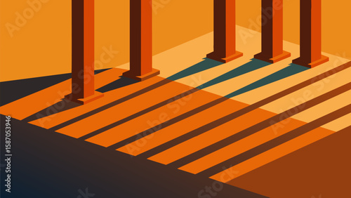 Orangetinted sunlight shines through the gaps in the rebar casting shadows on the ground below.. Vector illustration
