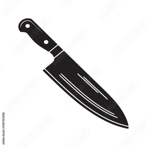 A black silhouette of a chef's knife with a handle and blade on a white background is displayed here