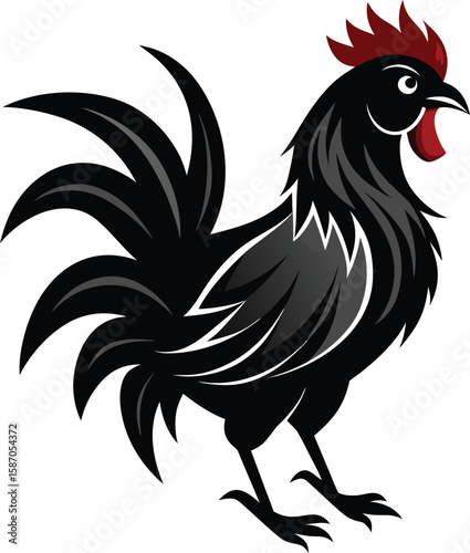Striking black rooster illustration with a vibrant red comb displaying farm animal artistry, suitable for various decorative or graphic design applications.