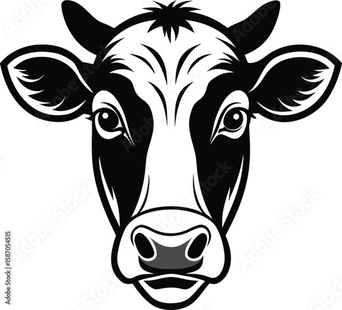 Dairy cow head illustration presents black and white design of domestic farm animal, ideal for various creative projects.