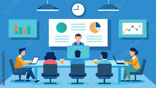 The meeting room was equipped with a large screen where the mediator displayed relevant documents and images to illustrate important points and. Vector illustration