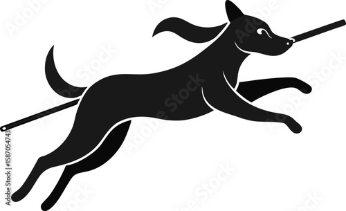 Joyful black dog silhouette leaps through the air, playfully holding a stick, showcasing energy and companionship in a minimalist design.