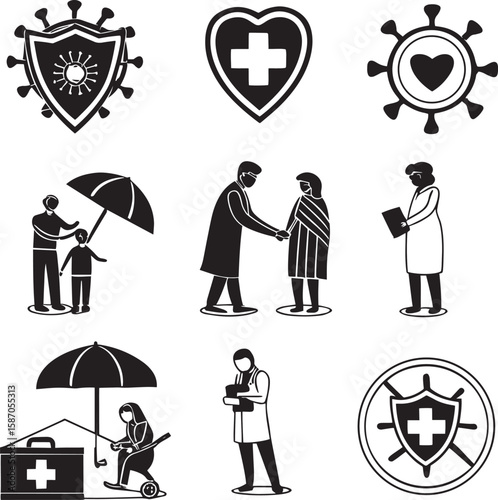 Health and safety pictograms depict doctors, patients, shield icons, heart symbol, and family care, suggesting healthcare, protection, and insurance