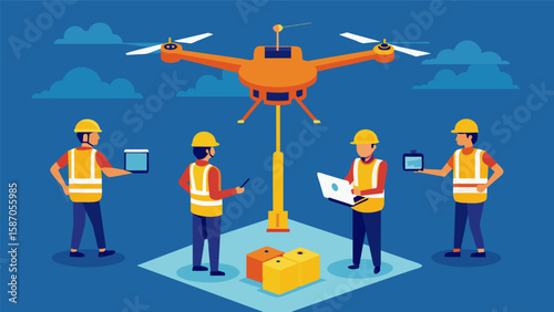 The drone zooms in on the skilled workers carrying out precise measurements and adjustments ensuring the structural integrity of the project.. Vector illustration