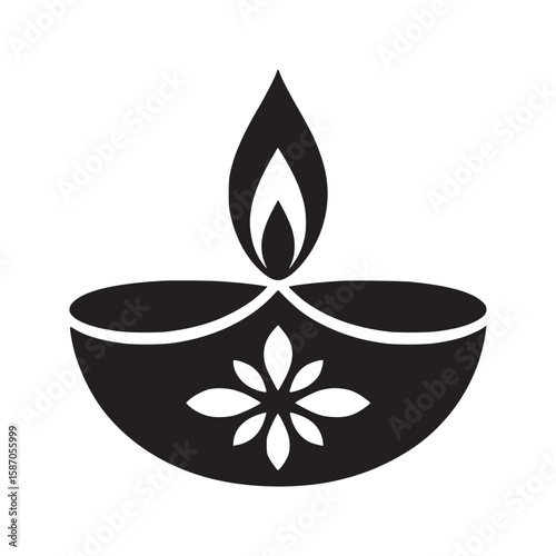 A black and white graphic illustration of a diya lamp with a floral design and a bright flame