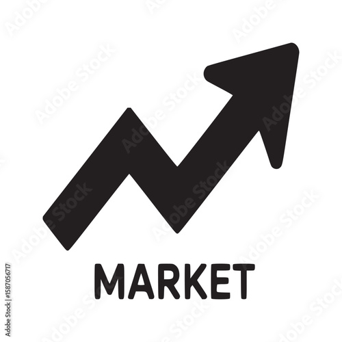 A black arrow pointing upwards with the word market below on a gray background illustration