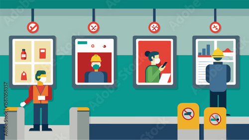 The stations walls are lined with informational posters on safety measures and important health guidelines for workers.. Vector illustration