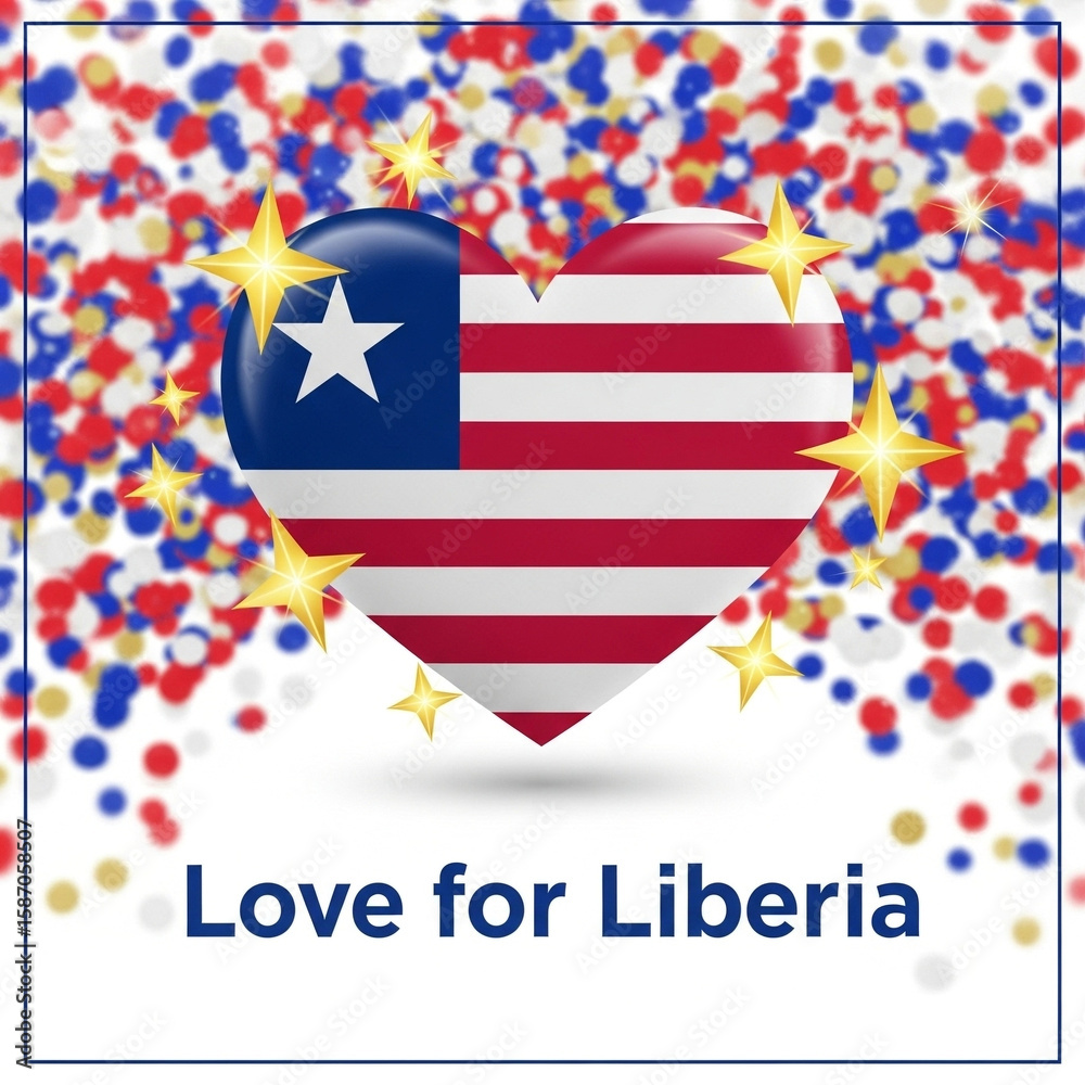 Obraz premium Celebrate Liberia with a heart-shaped flag, sparkling stars, and colorful confetti for patriotic designs and festive occasions.