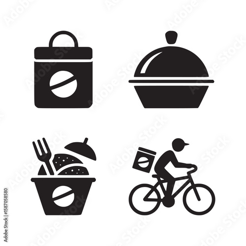 A collection of four food related icons featuring delivery, container, and food in black and white