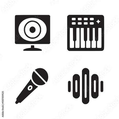 A collection of black and white music related icons including a speaker keyboard and microphone