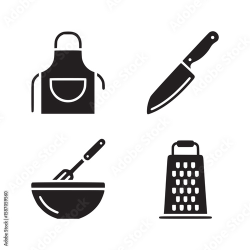 Illustration of kitchen utensils including an apron knife bowl and grater in black and white style