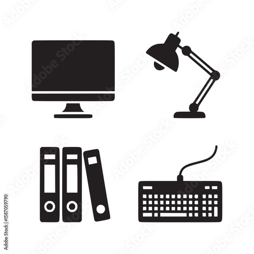 Black and white illustration of a computer monitor lamp binders and keyboard on a white background