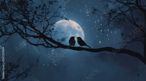 Two silhouetted birds perched on a tree branch under a full moon in the starry night