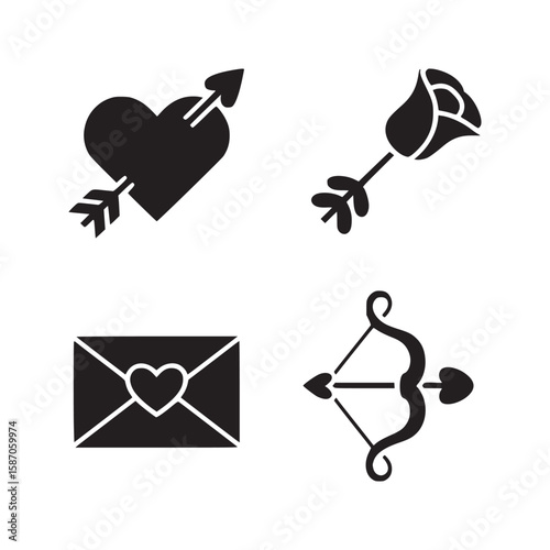 Black and white valentine's day icons featuring heart with arrow rose love letter and bow and arrow