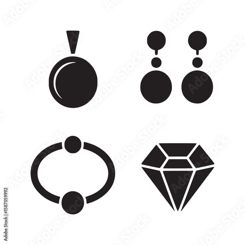 A collection of jewelry icons including a pendant earrings bracelet and diamond on white backdrop