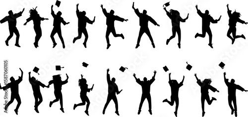 Collection of silhouettes of university students celebrating graduation by jumping and throwing toga caps on transparent background