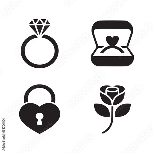 A collection of black vector icons featuring a diamond ring, a ring box, a heart lock, and a rose flower