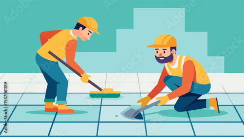 One worker carefully smoothing out grout between tiles while another ensures consistent spacing.. Vector illustration