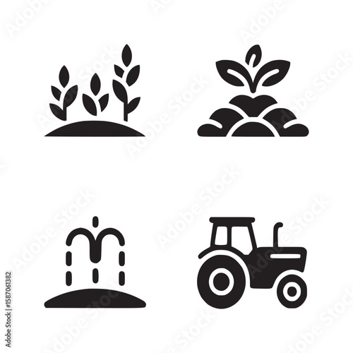 Four agriculture icons depicting crops, planting, irrigation, and a tractor in black and white