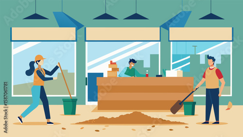 The smell of sawdust filling the air as workers construct a new reception area and lobby giving the building a modern and inviting entrance.. Vector illustration
