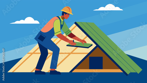 A worker ting and shaping pieces of rigid board insulation to fit perfectly into the roof of a newly built house.. Vector illustration