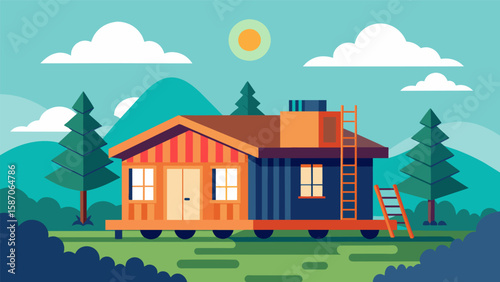 The completed prefabricated home stands tall and proud a testament to the hard work and collaboration of the construction team.. Vector illustration
