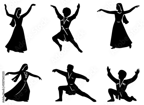 Silhouettes of Traditional Georgian Dancers – Black & White Vector Set