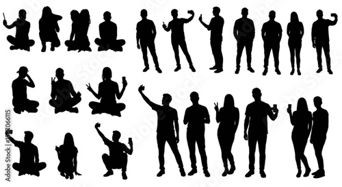 Silhouette group of people selfie different poses silhouette vector set on white background.