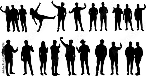 Silhouette group of people selfie different poses silhouette vector set on white background.