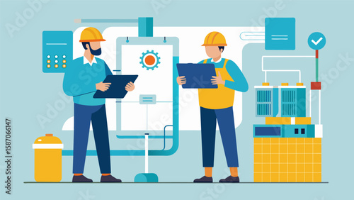 Engineers drawing up plans for the HVAC system installation taking measurements and considering potential challenges.. Vector illustration