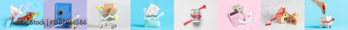 Collage of arrows, safe box...