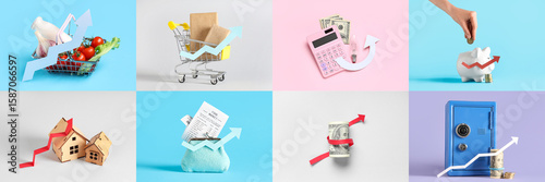 Collage of arrows, safe box...