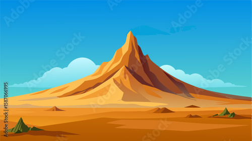 The vastness of the desert plateau is interrupted by a towering peak its summit reaching towards the clear blue sky.