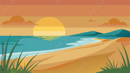The sun sets over a serene beach its sandy shore rife with dunes that provide shelter for the delicate sea grasses growing in abundance.