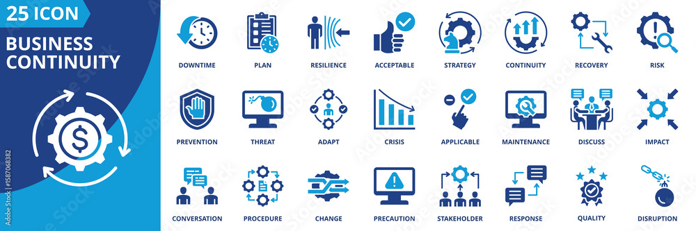 Obraz premium business continuity icon set collection in solid glyph style. an icon pack contain downtime,plan,resilience,acceptable,strategy,continuity,recovery