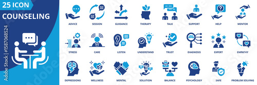 counseling icon set collection in solid glyph style. an icon pack contain support,guidance,therapy,help,talk,session,mentor
