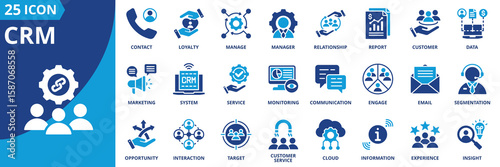 crm icon set collection in solid glyph style. an icon pack contain customer,relationship,manage,loyalty,contact,data,report