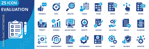 evaluation icon set collection in solid glyph style. an icon pack contain assess,review,score,rate,grade,project,analyze