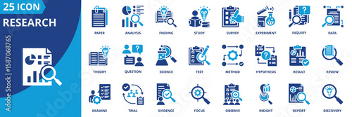 research icon set collection in solid glyph style. an icon pack contain study,inquiry,analysis,experiment,survey,data,finding