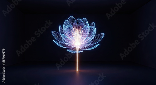 A glowing wireframe lotus flower with a bright stem on a dark background emitting a soft light glow